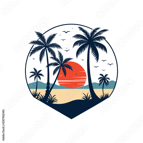 beach silhouette logo vector line art logo design