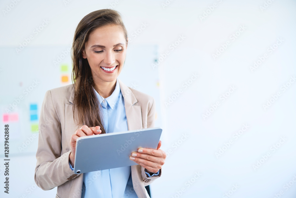 Young businesswoman using tablet in office and smiling Young businesswoman using tablet in office and smiling