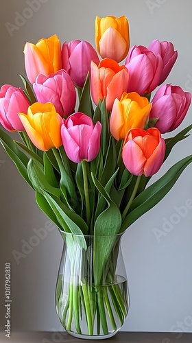 Colorful tulips in vase, spring bouquet, home decor photo