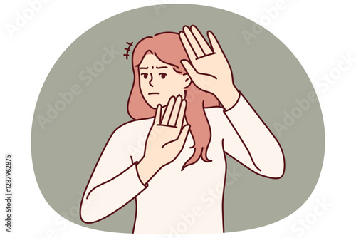 Brave woman makes gesture refusal, calls not to approach or stop discriminatory actions. Determined girl with dissatisfied emotions stretches palms to camera to fight against discriminatory behavior