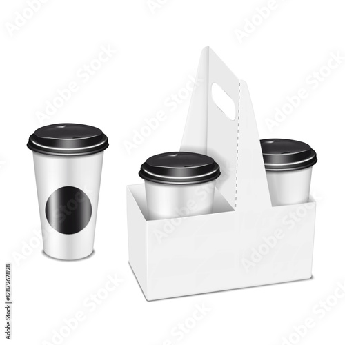 Coffee to go set. 3d mockup. Takeaway paper coffee cups and paperboard takeout drink holder carrier with cut out handle. Realistic vector mock-up. Template for design