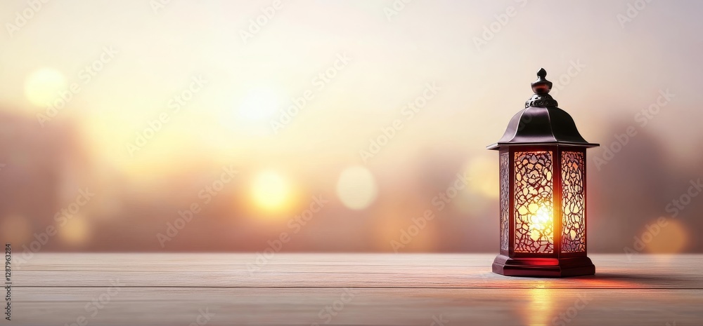 Lantern on Wooden Table at Sunset Lantern on Wooden Table at Sunset