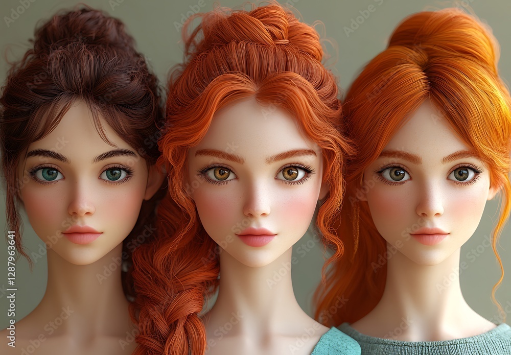 Three Mannequins with Braided Curly and Updo Hairstyles in Brown and Orange Three Mannequins with Braided Curly and Updo Hairstyles in Brown and Orange