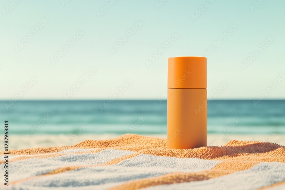 Bright sunscreen bottle rests on soft beach towel, sunlit ocean Bright sunscreen bottle rests on soft beach towel, sunlit ocean
