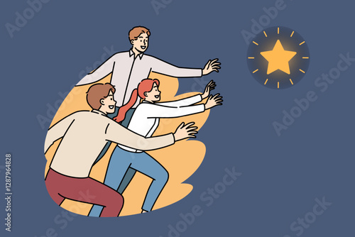 Team of business employees is chasing star to achieve professional success and fulfill group goal. Team of office workers demonstrate ambition and inspiration as they compete to fulfill sales plan.