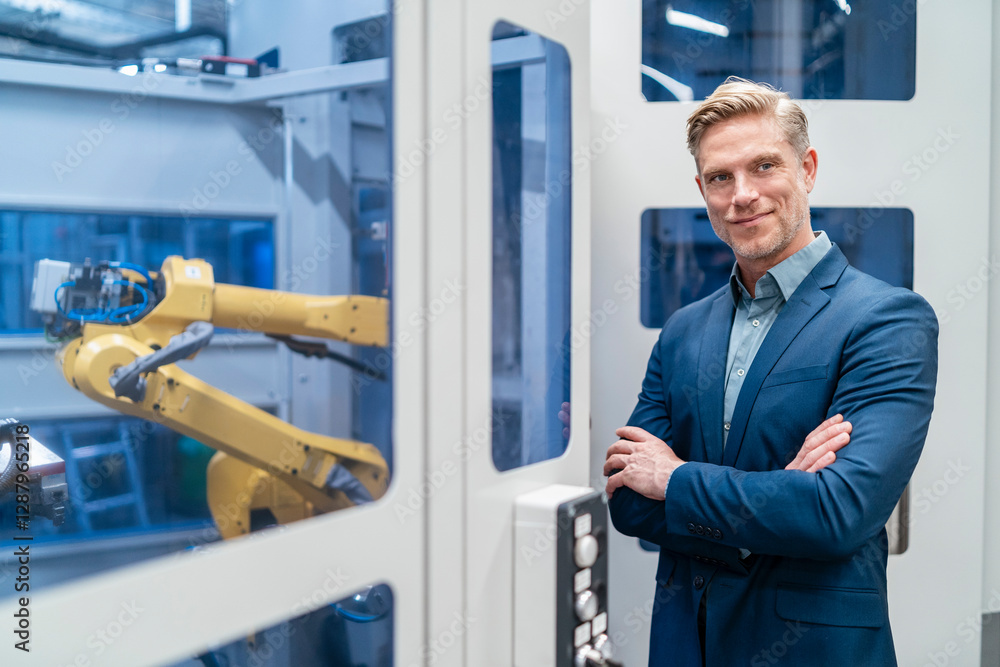 Portrait of a confident businessman in front of a robot in a modern factory Portrait of a confident businessman in front of a robot in a modern factory