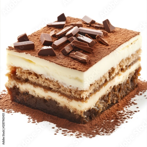 Delicious chocolate layered dessert with creamy filling topped with chocolate shavings, perfect for sweet cravings.