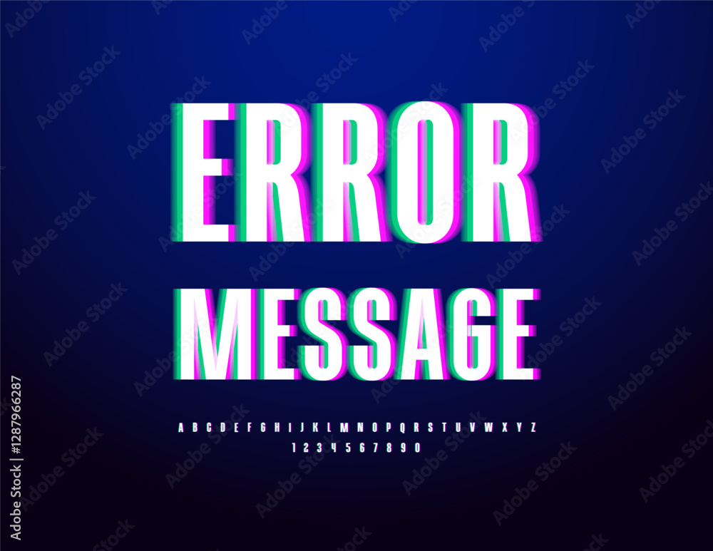 Vector techno template Error Message. Bright Font with Glitches. Set of Digital Alphabet Letters and Numbers Vector techno template Error Message. Bright Font with Glitches. Set of Digital Alphabet Letters and Numbers