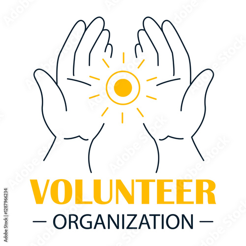 Volunteer organization logo vector isolated. Logotype for charity community. Concept of love and support. Volunteer work. Sun symbol in human hands.