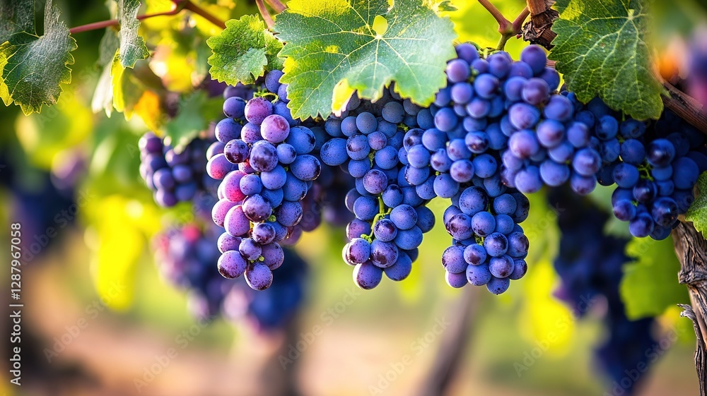 Naklejka premium A close-up of plump, ripe purple grapes hanging from a vine in an organic garden. The vine is lush and flourishing, with healthy leaves surrounding 