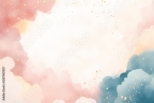 Soft pastel pink and blue watercolor clouds with gold accents. Dreamy, ethereal background perfect for design projects.