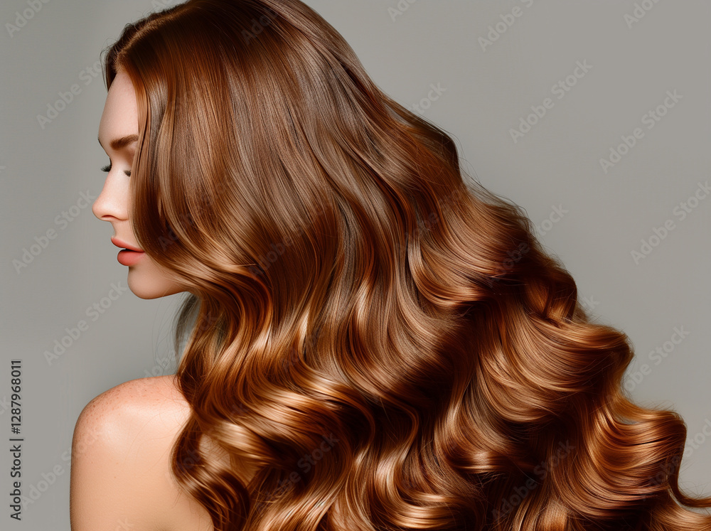 Fototapeta premium Profile of healthy woman with wavy hairstyle. Beauty female person with make-up