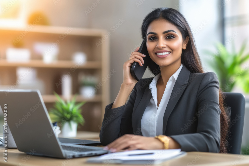 young indian business woman sitting on desk talking on smartphone young indian business woman sitting on desk talking on smartphone