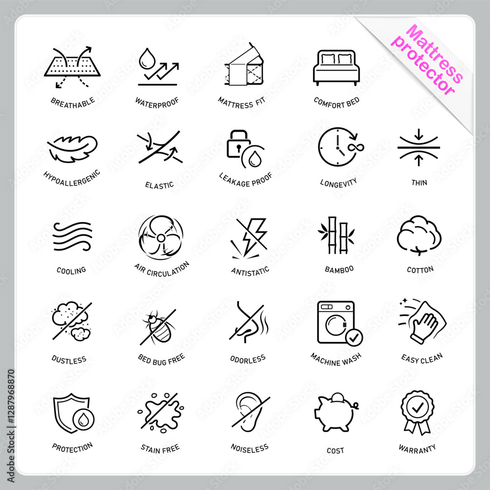 Mattress protector for sleeping icon set. The outline icons are well scalable and editable. Contrasting elements are good for different backgrounds. EPS10. Mattress protector for sleeping icon set. The outline icons are well scalable and editable. Contrasting elements are good for different backgrounds. EPS10.