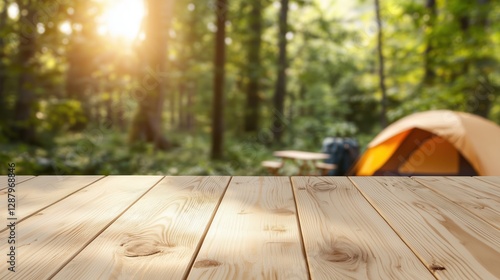 Scenic View of Wooden Table in Forest Setting with Tent and Natural Light for Outdoor Activities and Travel Inspiration photo