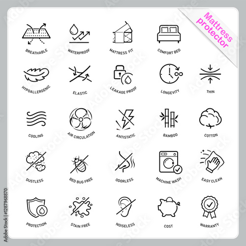 Mattress protector for sleeping icon set. The outline icons are well scalable and editable. Contrasting elements are good for different backgrounds. EPS10.	