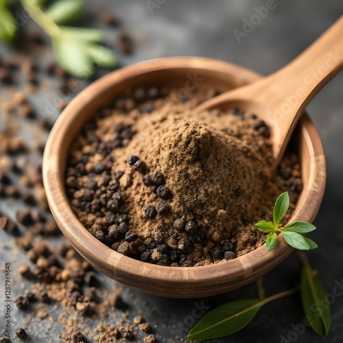 Black papper and powder if black pepper in bowl with blur background