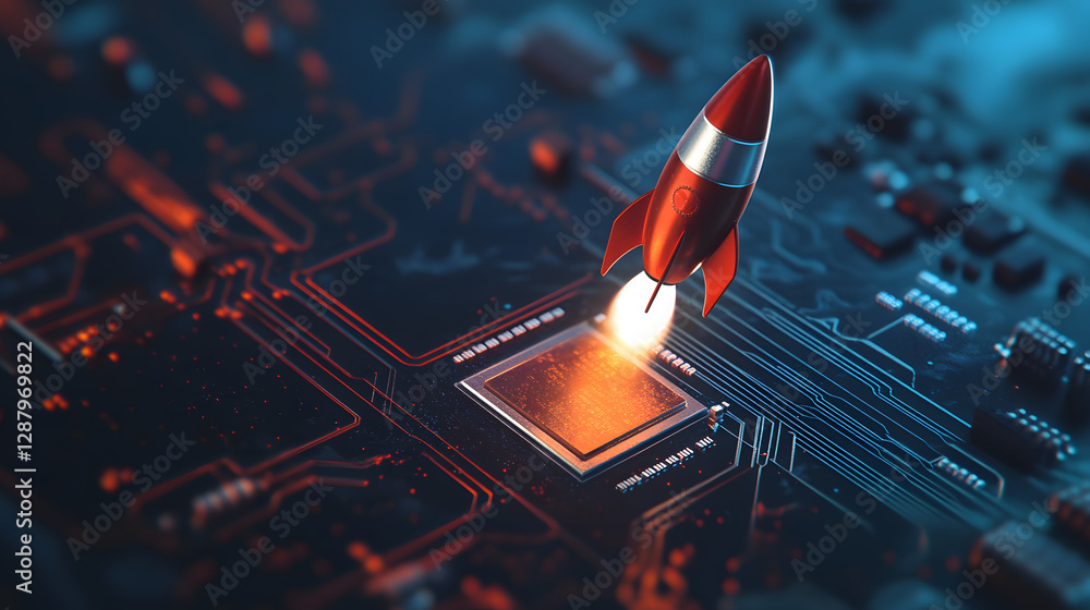 Red rocket launching from a glowing computer chip, symbolizing technological innovation and rapid growth. A futuristic concept image. Red rocket launching from a glowing computer chip, symbolizing technological innovation and rapid growth. A futuristic concept image.