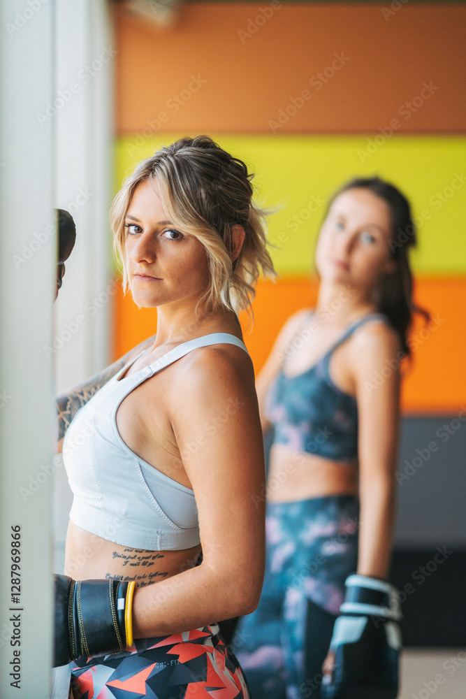 Portrait of two women with boxing gloves in gym Portrait of two women with boxing gloves in gym