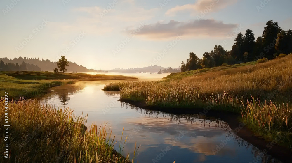 calm sunrise over peaceful lake, glowing mist and serene landscape calm sunrise over peaceful lake, glowing mist and serene landscape