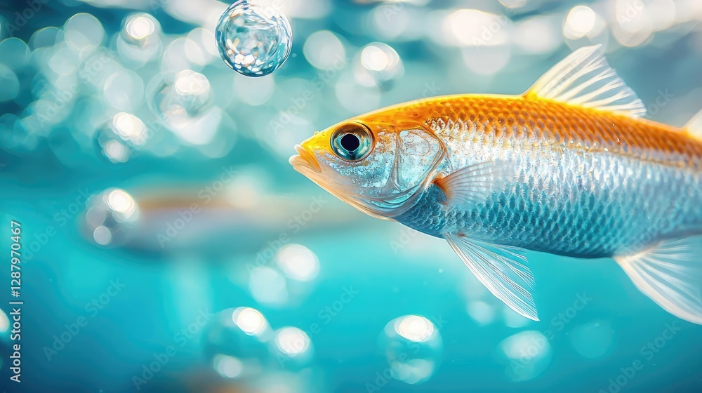 Fototapeta premium Ocean acidification concept. A vibrant fish swims gracefully through shimmering bubbles underwater.