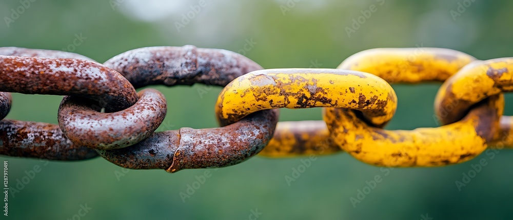 Close-up of rusty and yellow chain links interconnected. Close-up of rusty and yellow chain links interconnected.