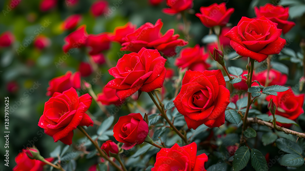 Vibrant red roses blooming in a lush garden, romantic floral beauty, love and passion symbol, fresh flowers, natural landscape photography Vibrant red roses blooming in a lush garden, romantic floral beauty, love and passion symbol, fresh flowers, natural landscape photography