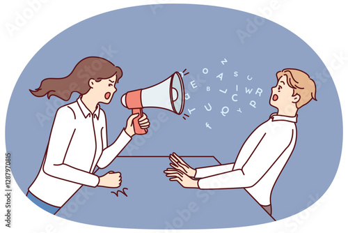 Woman boss yells at subordinate through megaphone and gets angry because of refusal to follow order. Aggressive boss yells at man showing unprofessionalism and disregard for rules of subordination