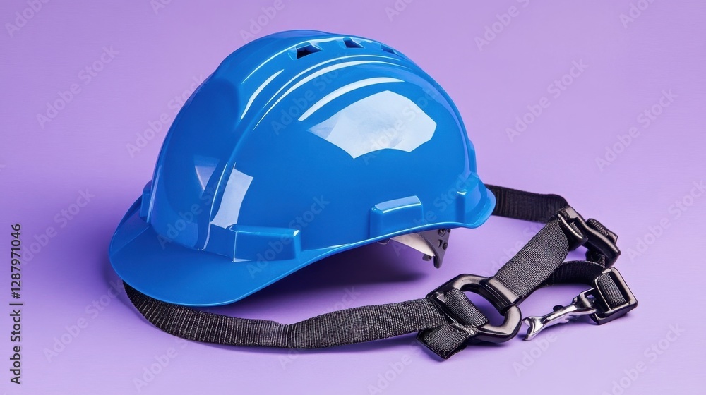 Fototapeta premium A blue hard hat with a safety harness lying next to it on a purple background