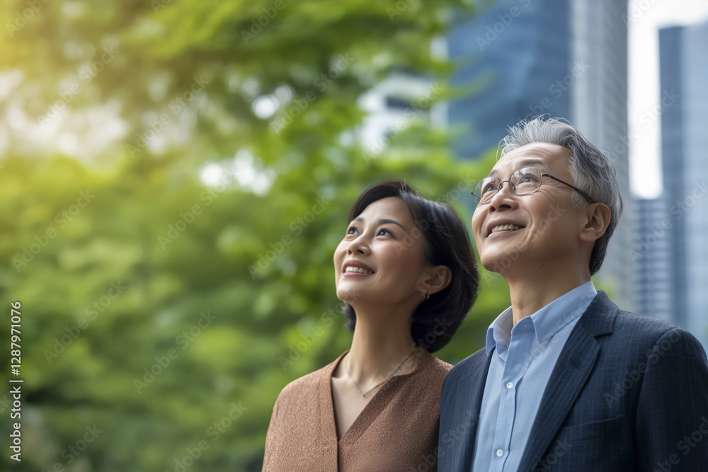Elderly Asian couple smiling and looking up in city park with greenery and skyscrapers in background, expressing happiness and contentment Elderly Asian couple smiling and looking up in city park with greenery and skyscrapers in background, expressing happiness and contentment