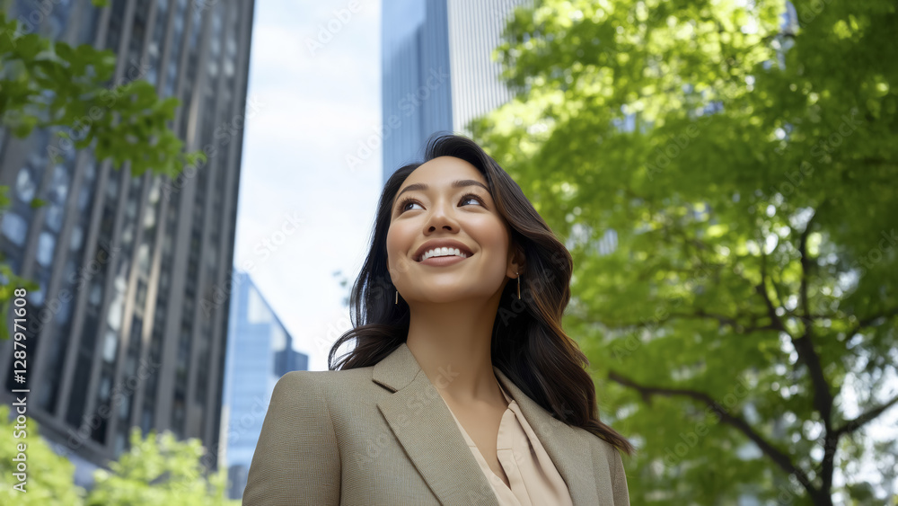 young Asian businesswoman in earth tone suit smiles confidently while standing amidst cityscape with tall buildings and lush green trees, reflecting sense of optimism and success young Asian businesswoman in earth tone suit smiles confidently while standing amidst cityscape with tall buildings and lush green trees, reflecting sense of optimism and success