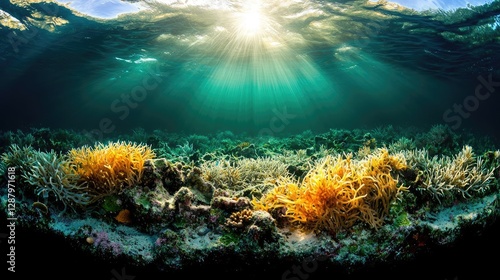 Wallpaper Mural Ocean acidification concept. Vibrant underwater scene with coral reefs and sun rays illuminating the ocean floor. Torontodigital.ca