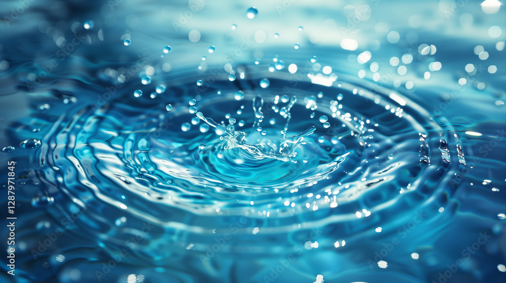 drop falling in Blue water with circles on surface drop falling in Blue water with circles on surface