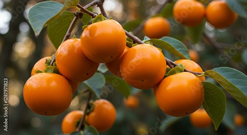 Vibrant orange persimmons glistening under soft afternoon sunlight in a Japanese garden setting