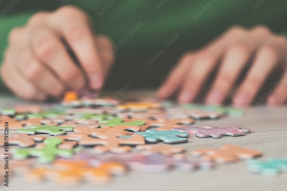 Fototapeta premium Hands carefully assembling colorful puzzle pieces on wooden tabl