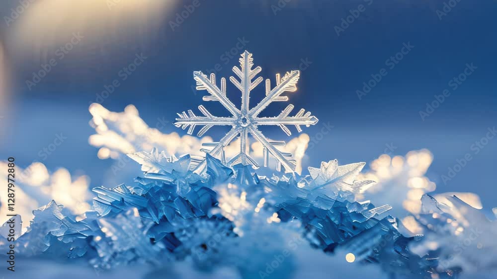 Intricate snowflake resting on a cluster of icy crystals in winter sunlight Intricate snowflake resting on a cluster of icy crystals in winter sunlight