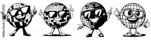 A funky disco ball character from retro cartoons sports colorful shades and sneakers, flashing a cheerful grin and a pointing hand, embodying the epitome of cool on a vibrant dance floor