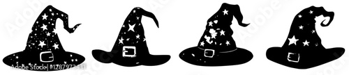 A Halloween holiday cartoon features a witch hat adorned with stars for a horror night celebration, symbolizing a modern icon