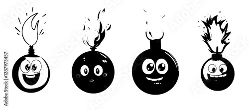 A cartoon bomb character is depicted with a crazy and funky face amidst a boom explosion, represented by a modern emoji, showcasing a funny comic bomb or cannonball and TNT dynamite explosive ball