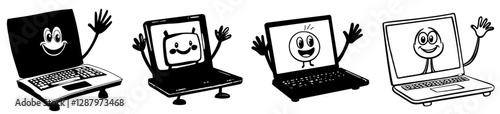 A retro cartoon character with a humorous expression is depicted on a laptop computer, showcasing a modern and funky comic style, accompanied by a freaky notebook with a happy smile, embodying