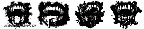 A Halloween monster's mouth, characterized by drooling jaws and a saliva-covered tongue, is often depicted in modern cartoons for the horror holiday, and can be representative of a werewolf, zombie,