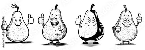 A groovy pear from a retro cartoon is depicted as a modern, isolated anthropomorphic character with expressive eyes, a smiling face, and sneakers, giving a thumbs-up and radiating a fun, playful