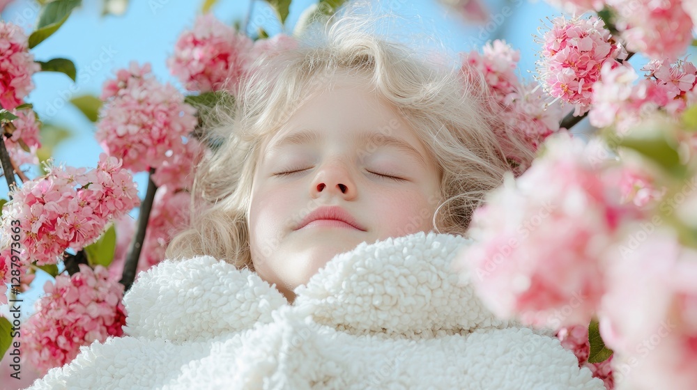 Child sleeping peacefully amidst blossoming pink flowers, springtime scene Child sleeping peacefully amidst blossoming pink flowers, springtime scene
