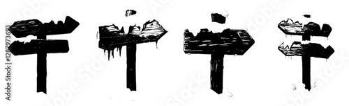 A festive wooden sign board for winter Christmas, featuring a cartoon modern design with a rustic wood texture, isolated and covered in snow, and equipped with two arrows pointing in opposite
