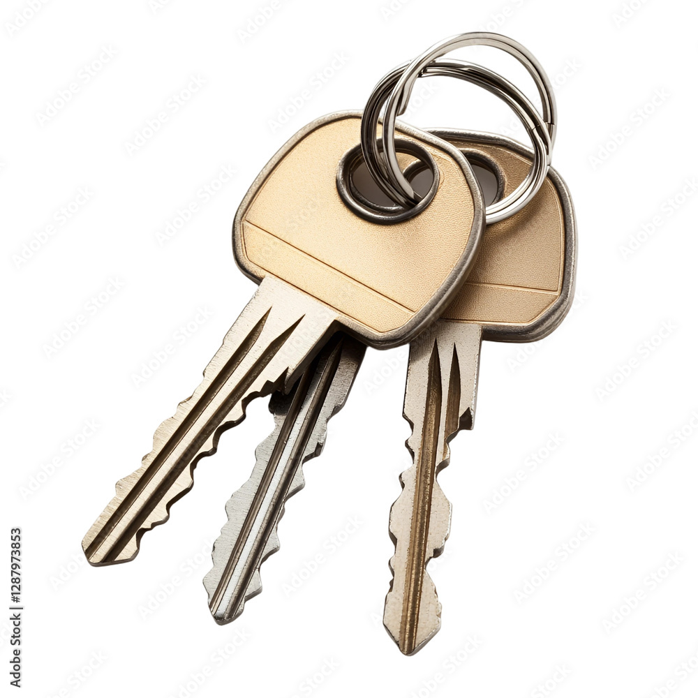 Two Modern House Keys on Keyring Gold and Silver Close up Studio Shot Two Modern House Keys on Keyring Gold and Silver Close up Studio Shot