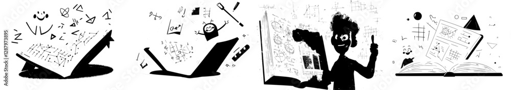 Textbook with cartoon character of geometric shapes is open Textbook with cartoon character of geometric shapes is open