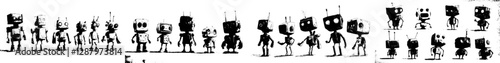 Retro-style robot characters, including cartoonish vintage bots, humanoid droids, and AI cyborgs, are featured alongside modern psychedelic hippie personages of retro transformer robots and alien