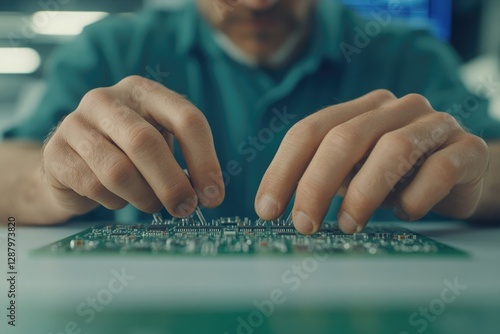 Hands skillfully assembling electronic components on circuit boa