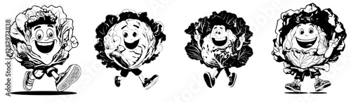 A cheerful, cartoon cabbage character with a large, friendly grin and wide eyes, donning sneakers, and waving in a happy manner, is a modern, isolated farm vegetable personification that radiates a