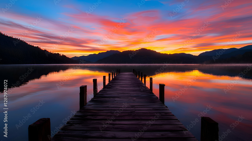 Obraz premium Vibrant Sunrise over Serene Lake with Wooden Dock